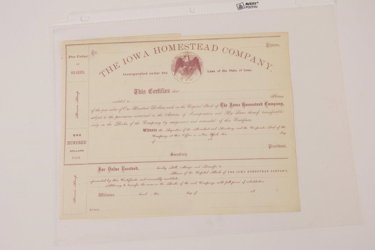 Iowa Homestead Co. Stock Certificate (1 of 2)