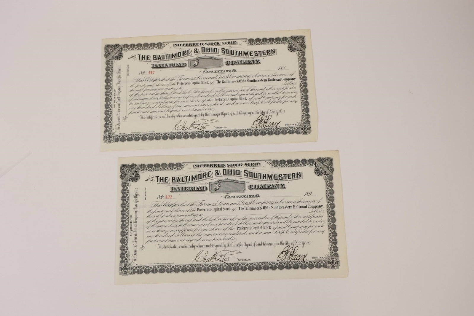 2 B&O Southwestern Stock Scrips (1 of 2)
