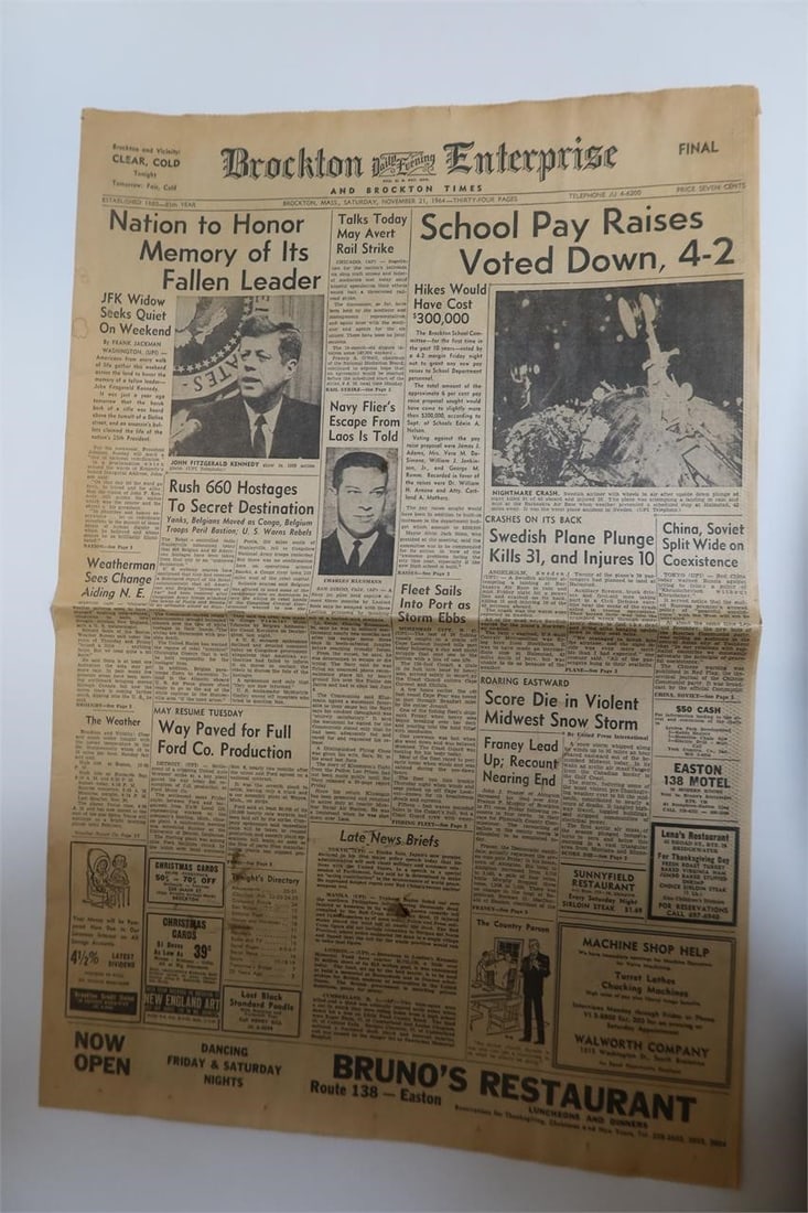 Brockton Enterprise JFK Memorial Final Edition: Brockton Enterprise and Brockton Times final edition newspaper featuring the headline "Nation to Honor Memory of Its Fallen Leader." Original vintage issue with front-page coverage following the