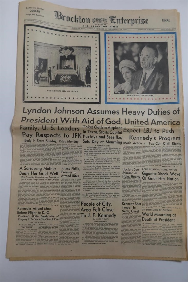 Brockton Enterprise JFK Assassination Newspaper: Brockton Daily Enterprise newspaper reporting the assassination of President John F. Kennedy, featuring the bold front-page headline "President Killed," coverage of Lee Harvey Oswald, national