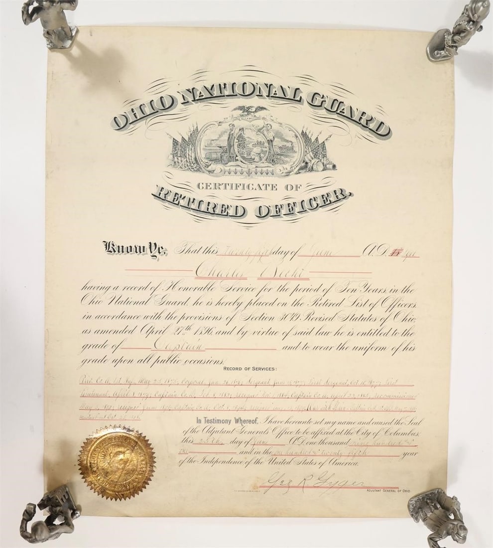Ohio National Guard Retired Certificate: Document titled "Ohio National Guard Certificate of Retired Officer." Issued to Charles Becht, noting honorable service for ten years in the Ohio National Guard and placement on the Retired List of