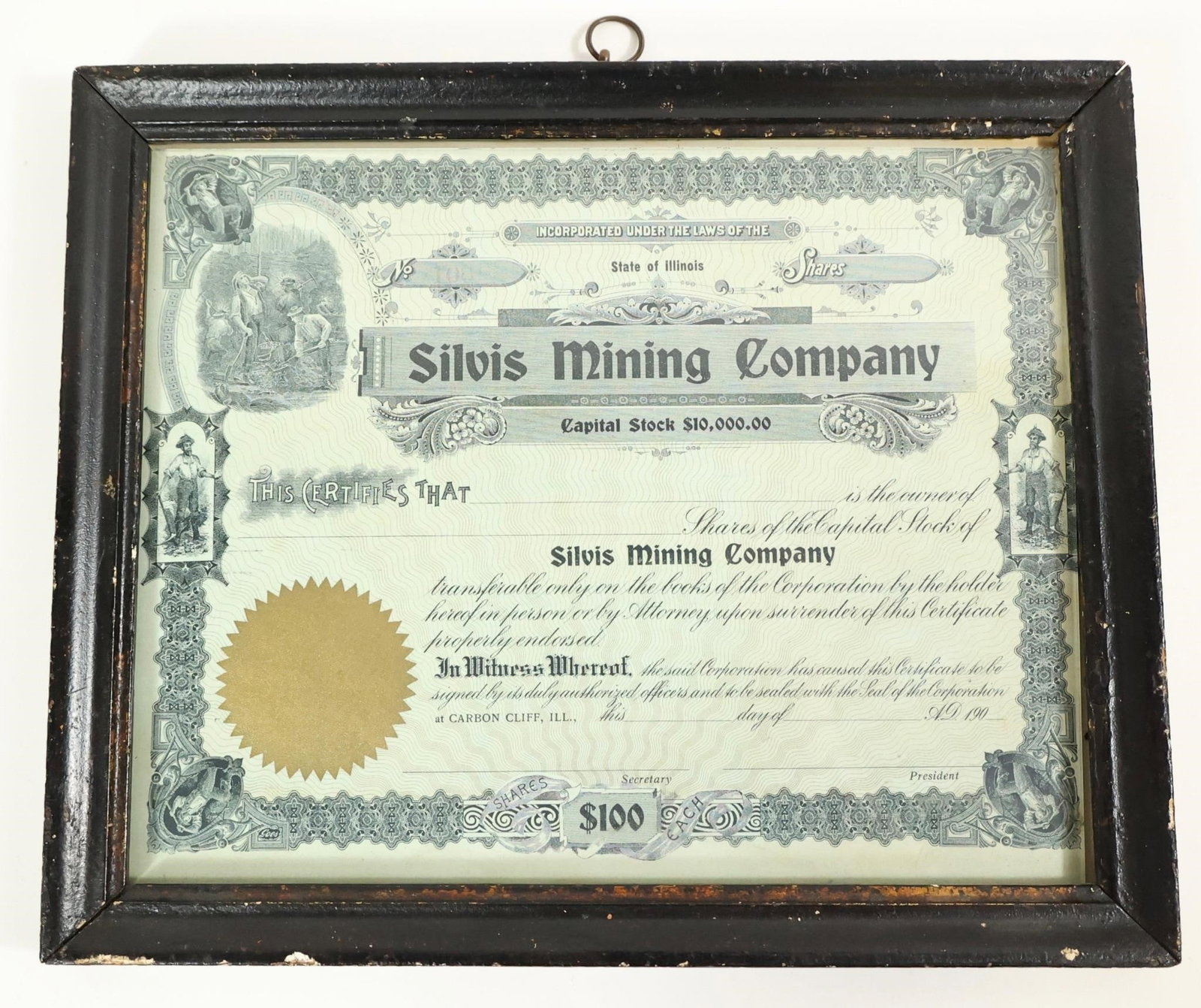 Silvis Mining Stock Certificate: Framed Silvis Mining Company stock certificate, antique collectible document stating incorporation under the laws of the State of Illinois. Total capital stock listed as $10,000.00. Certificate is