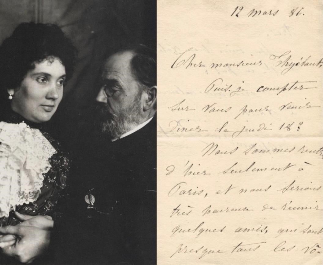 1886 Alexandrine Zola Autograph Letter Signed: Autograph letter signed by Alexandrine Zola, addressed to Mr. Thyébaut, dated March 12, 1886.Written in brown ink on a double sheet of laid, watermarked paper.This letter attests to the couple's