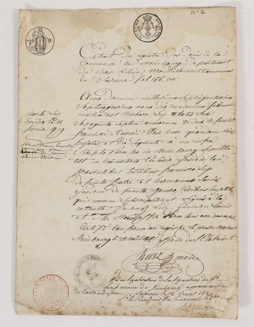 French Manuscript Document with Seals: 1 handwritten sheet, double-sided.Original handwritten leaf/page drafted in French, in brown ink, in an administrative and notarial cursive script from the late 18th century to the early 19th