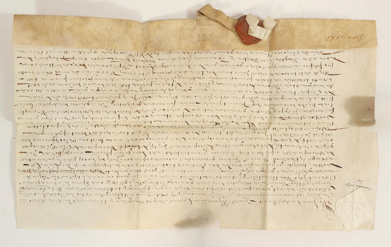 Netherlands Sparenhout Haarlem Document, 1631: This manuscript from 1631 (vellum) measures about 28 x 42 centimeters and is equipped with a lacquer/wax seal and, in the top left, a small seal (Cleinsegel). The manuscript is in neat, collectible