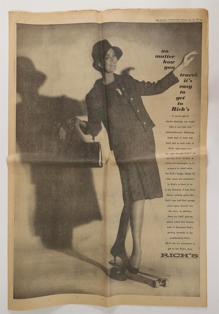 Rich's Department Store Advertisement: Advertisement for the Rich's department store, emphasizing the ease of reaching their downtown location via various modes of transportation, including buses, cars, and even "skeeter skooting."