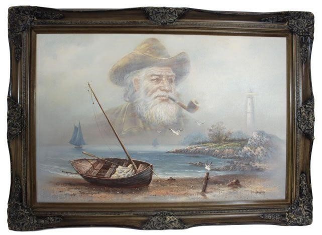 Sailor oil painting by Bill Larsen: Attributed to Bill Larsen: The work may be ascribed to the artist on the basis of style, but there may be some question as to actual authorship.Painting is framed.Dimensions: 30" x 42"Oil on canvas.