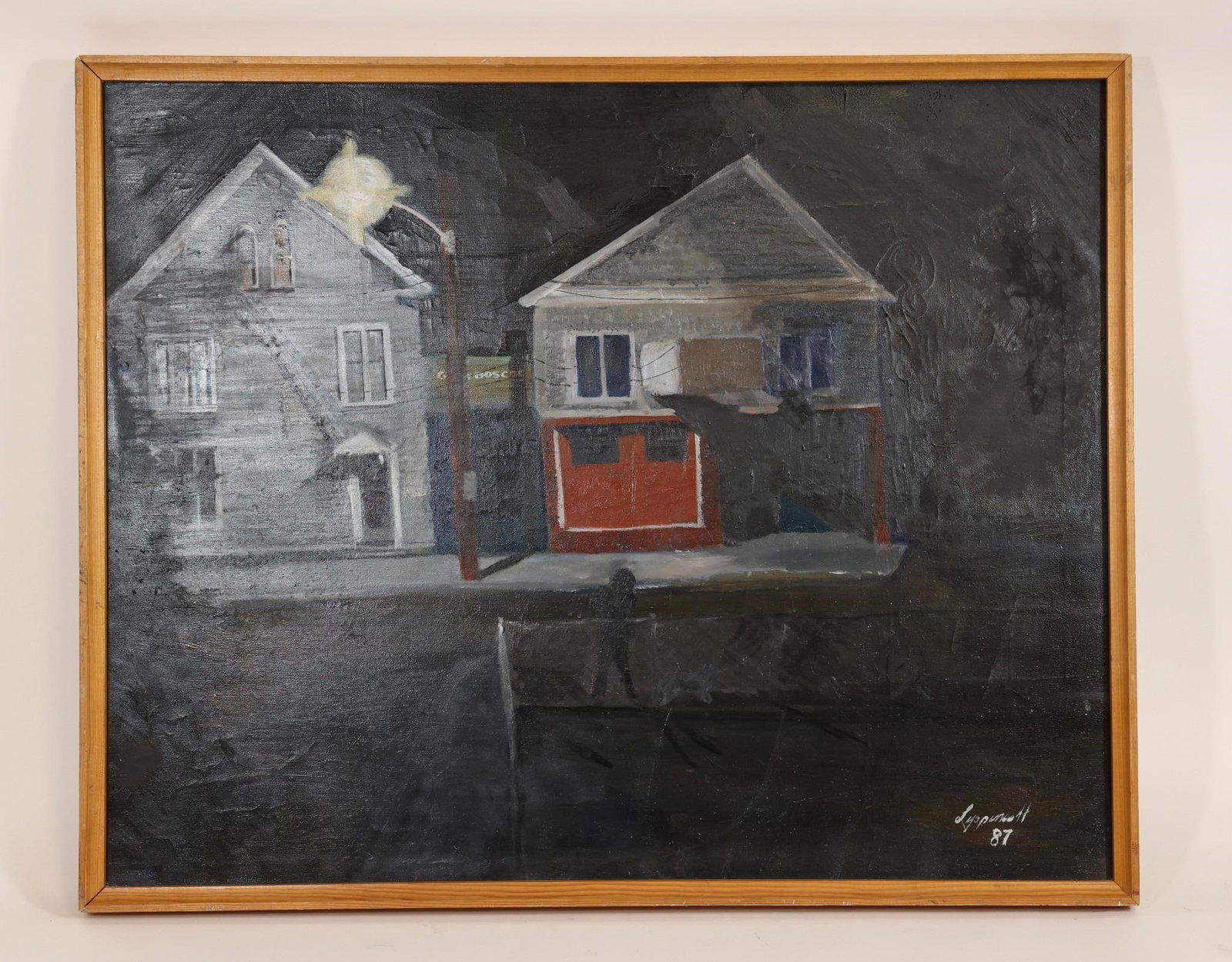 Janet Lippincott Night Scene Oil Painting: Janet Lippincott (1918-2007) oil on canvas depicting a residential scene with buildings rendered in a darker, more subdued palette. The composition emphasizes contrast and mood, with structural elemen