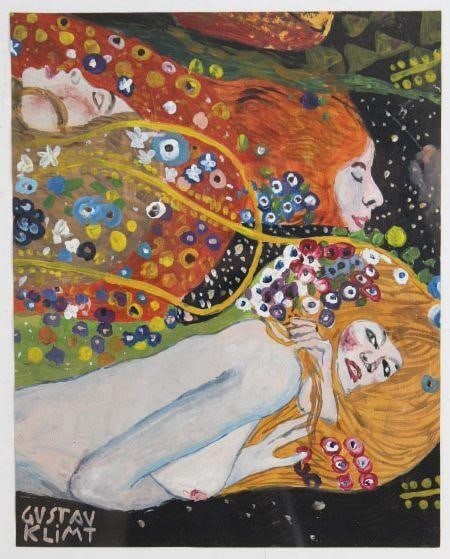 "Water Serpents" by Gustav Klimt (Women): Attributed to Gustav Klimt: The work may be ascribed to the artist on the basis of style, but there may be some question as to actual authorship.Painting is framed.Empera and ink on paper. Featuring