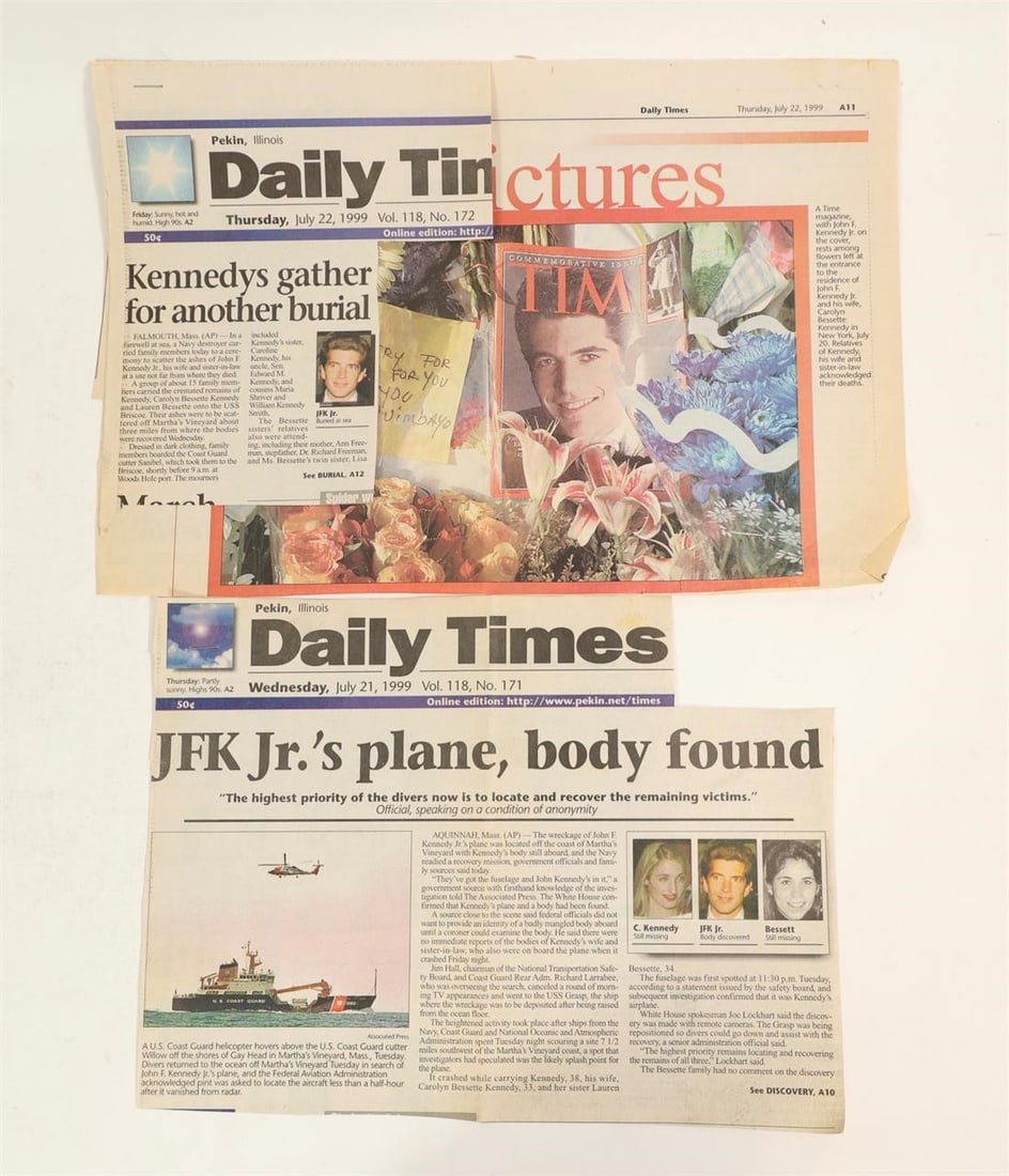 1999 Daily Times - JFK Jr Plane Crash Newspaper: Daily Times newspaper pages from July 21-22, 1999 reporting on the crash of John F. Kennedy Jr.'s plane. Includes headlines such as "JFK Jr.'s plane, body found" and coverage of the Kennedy family