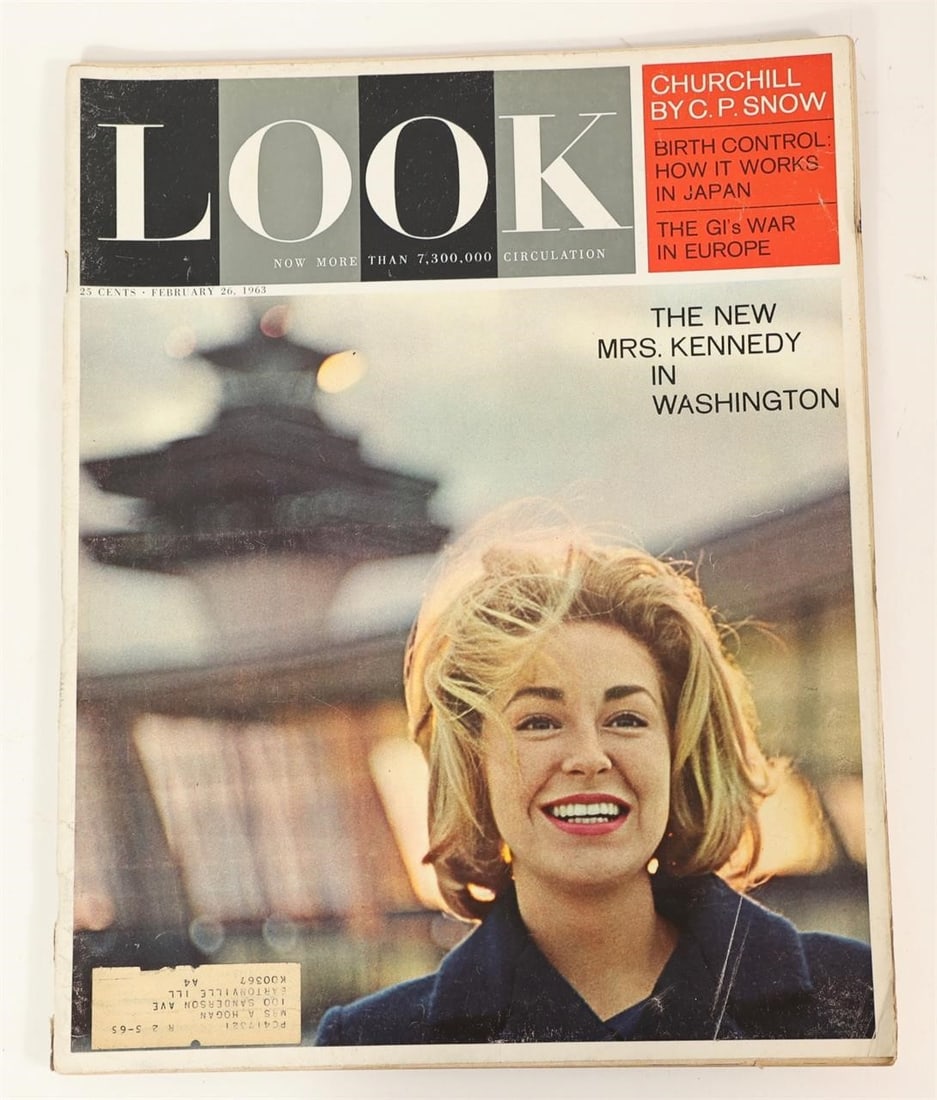 LOOK Magazine February 26 1963 -Mrs. Kennedy Cover: LOOK magazine issue dated February 26, 1963 featuring Jacqueline Kennedy on the cover titled "The New Mrs. Kennedy in Washington." Vintage American magazine with articles including Churchill by C.P. S