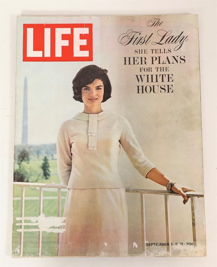 1961 LIFE Magazine Jacqueline Kennedy Cover: LIFE magazine issue dated September 1, 1961 featuring First Lady Jacqueline Kennedy on the cover titled "The First Lady: She Tells Her Plans for the White House." The cover shows Jacqueline Kennedy wi