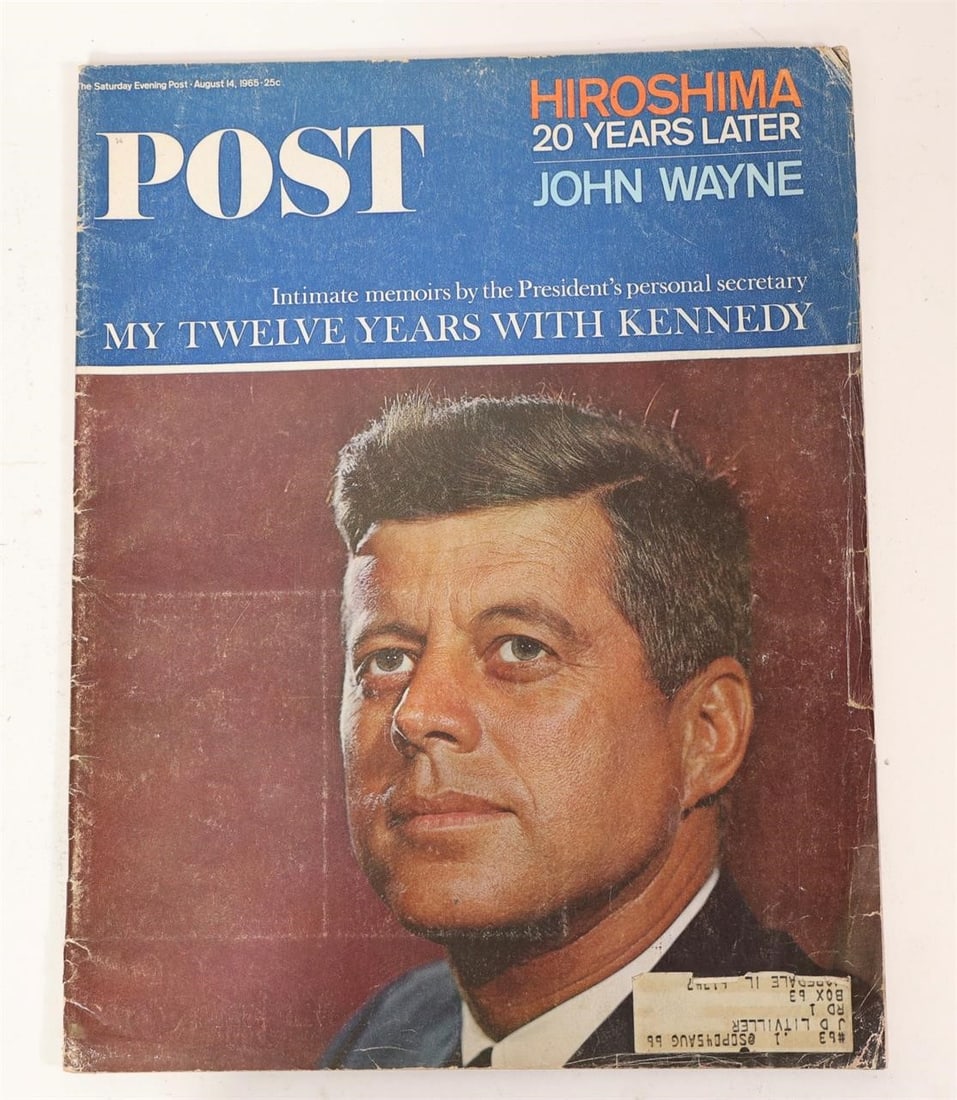 1965 Saturday Evening Post JFK Cover: The Saturday Evening Post magazine dated August 14, 1965 featuring President John F. Kennedy on the cover with the headline "My Twelve Years with Kennedy," intimate memoirs by the President's