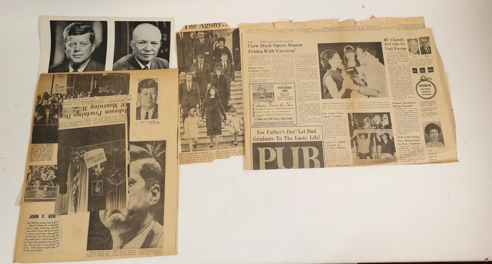 JFK Death & Memorial Newspaper Clippings: Vintage collection of newspaper clippings and magazine pages related to the death and memorial of President John F. Kennedy in 1963. Includes portraits of Kennedy, images of the Kennedy family,