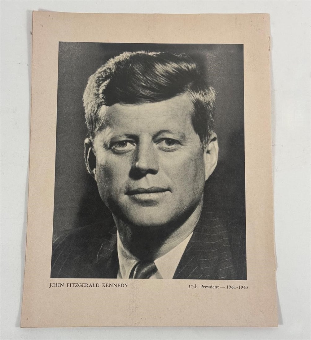 JFK & LBJ Presidential Photo Print: Vintage commemorative paper featuring photographs of U.S. President John F. Kennedy (35th) and President Lyndon B. Johnson (36th). Kennedy's birth and death dates are listed, with presidential