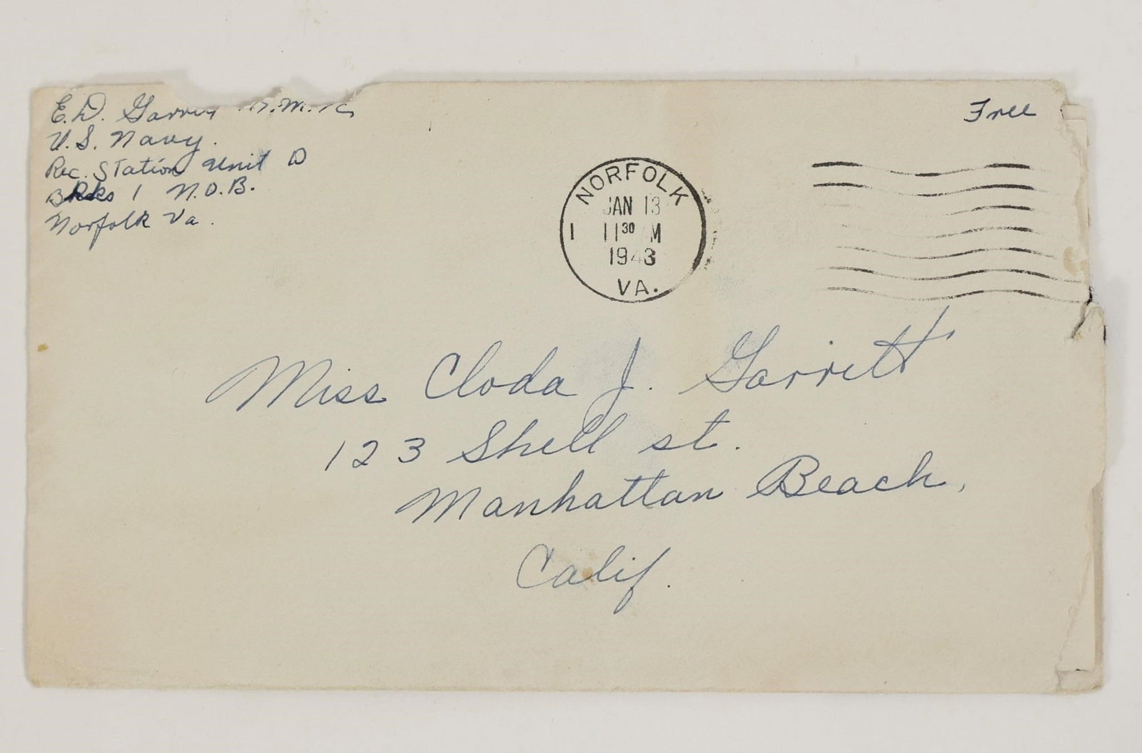 1943 WWII U.S. Navy Letter & Envelope: Original handwritten letter dated January 12, 1943, with its mailed envelope. Sent by a U.S. Navy serviceman from Norfolk, Virginia, and addressed to Miss Cloda J. Garrett in Manhattan Beach,