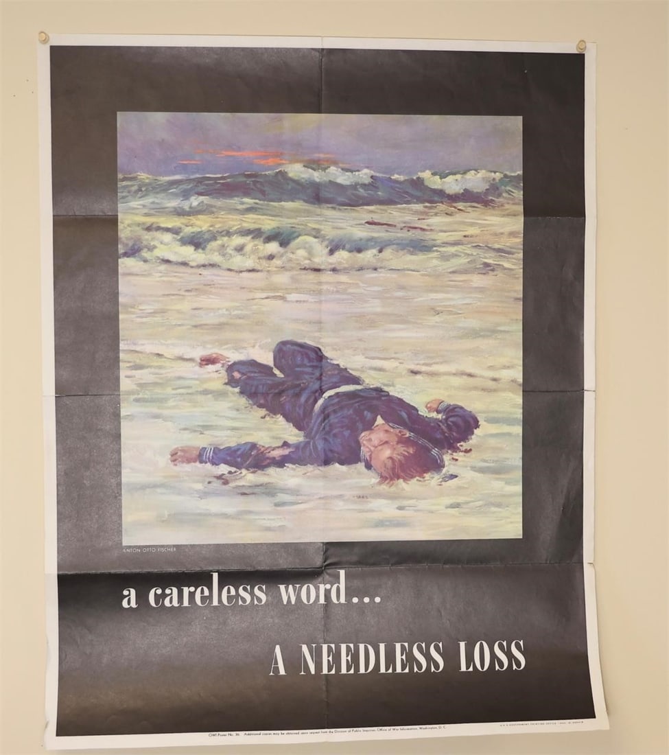 1943 WWII Propoganda Poster "A Needless Loss": 22" x 28". Creases from being folded.