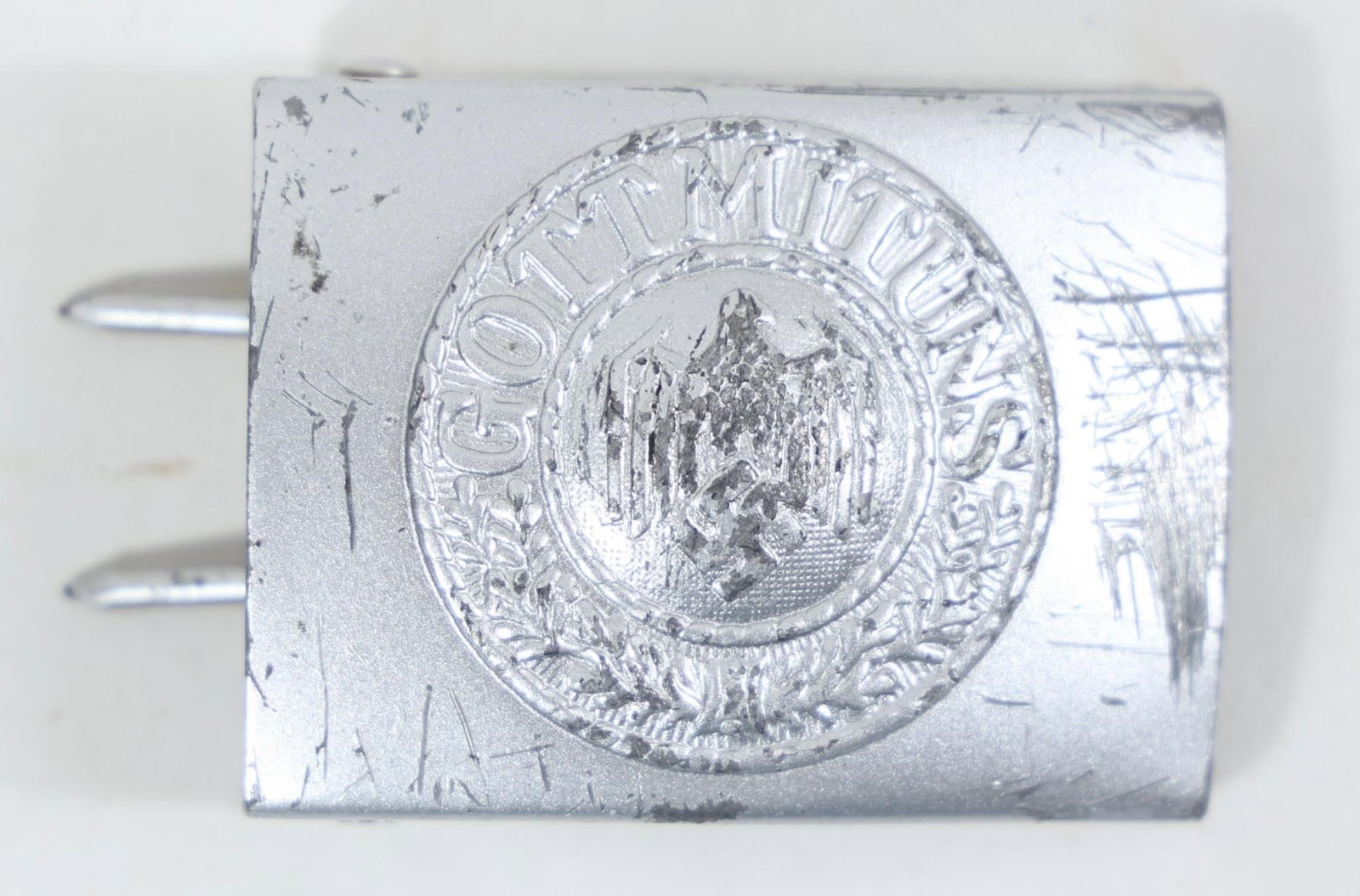 German Wehrmacht Heer Enlisted Belt Buckle Gott: This item is a vintage German Wehrmacht (Heer) Army enlisted men's belt buckle, featuring the "Gott mit uns" ("God with us") motto.