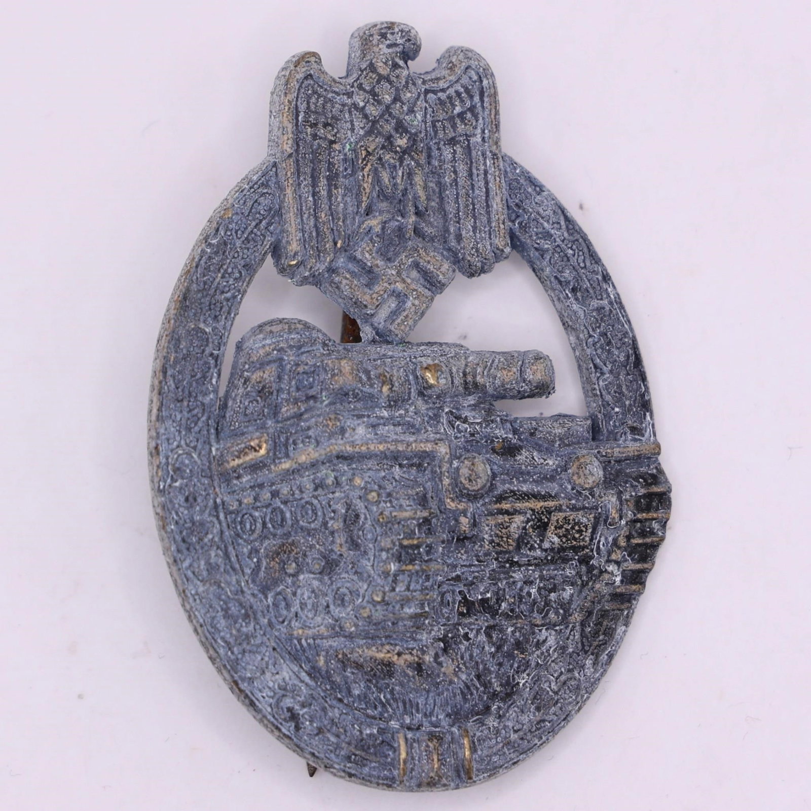 German WWII Panzer Assault Badge: This German WWII Panzer Assault Badge features the classic World War II-era design awarded in recognition of participation in armored combat operations. The badge depicts a tank beneath an eagle and