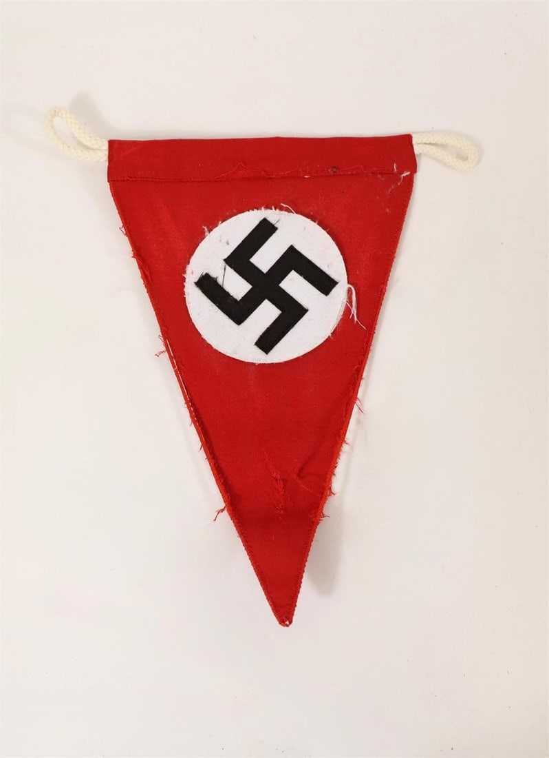 WWII German NSDAP Double-Sided Printed Pennant: WWII-era German NSDAP (National Socialist German Workers' Party) double-sided printed pennant. Features period-appropriate printed graphics on both sides and retains its historical character.