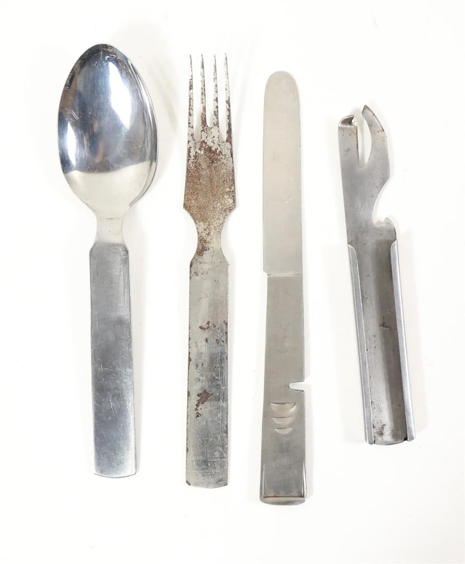 WWII German Wehrmacht Mess Kit Utensils Set: Original WWII German Wehrmacht mess kit utensils set, including knife, fork, spoon, and can opener, all stamped with Heer eagle. Knife, fork, and spoon marked "GAG" with wartime dates (1941-42). Locki