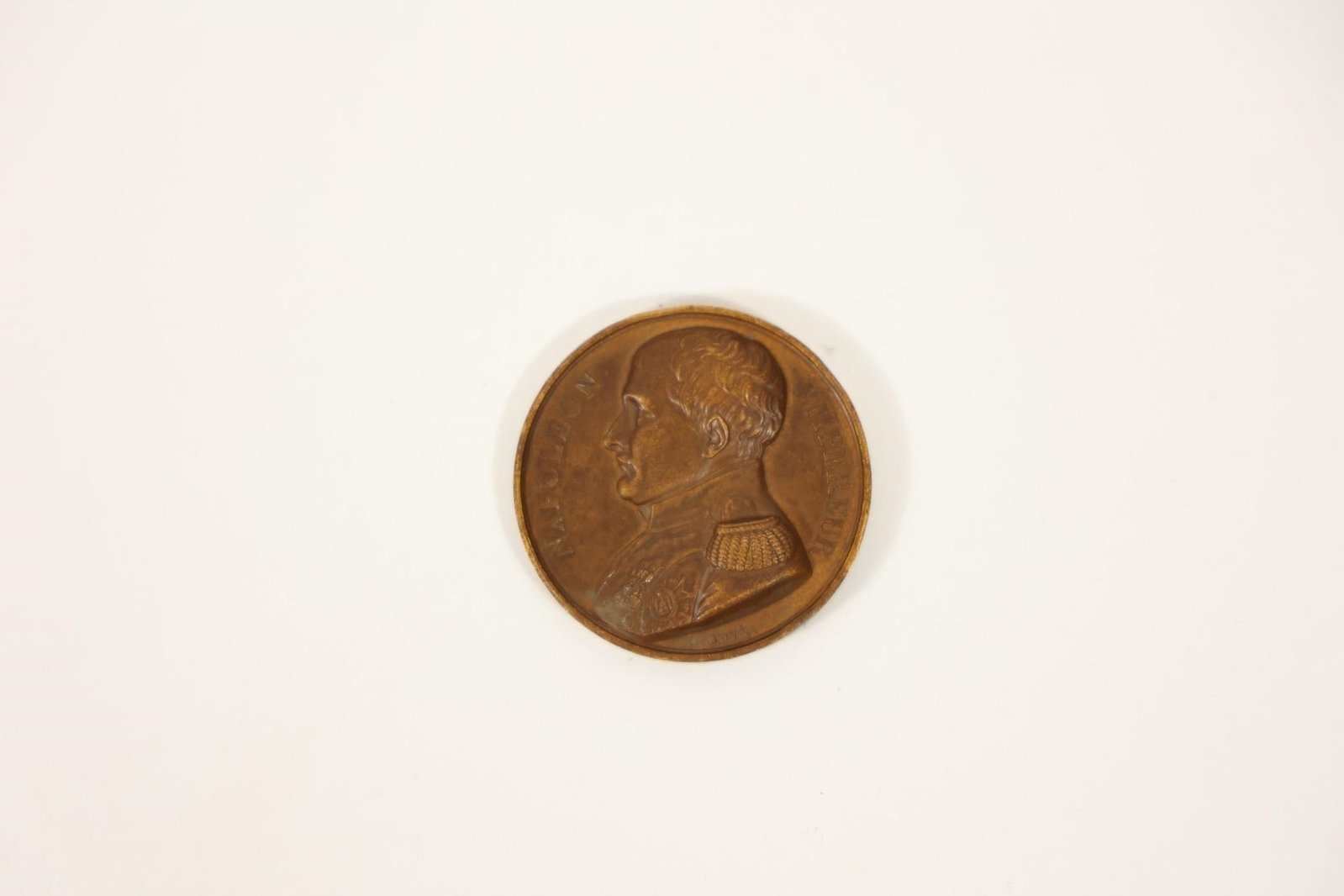 1840 Napoleon St. Helena Memorial Medal: Original 1840 French copper memorial medal commemorating Emperor Napoleon Bonaparte and his legacy on Saint Helena. Designed by renowned engraver Antoine Bovy, the obverse features a bust of Napoleon