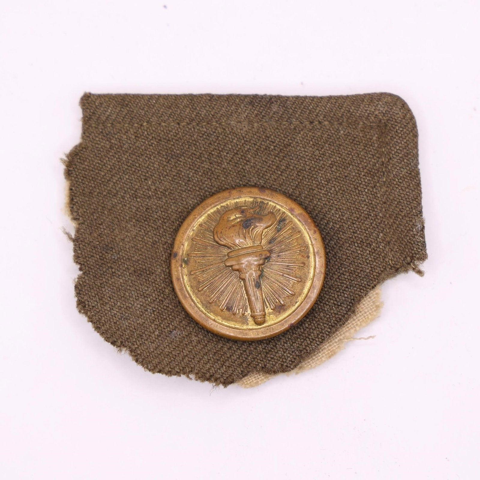 WWII Vintage US Army ROTC Collar Pin: This is a vintage US Army Reserve Officer Training Corps (ROTC) enlisted man's branch of service collar badge or pin, featuring the "torch of knowledge" insignia. The insignia depicts a flaming torch,