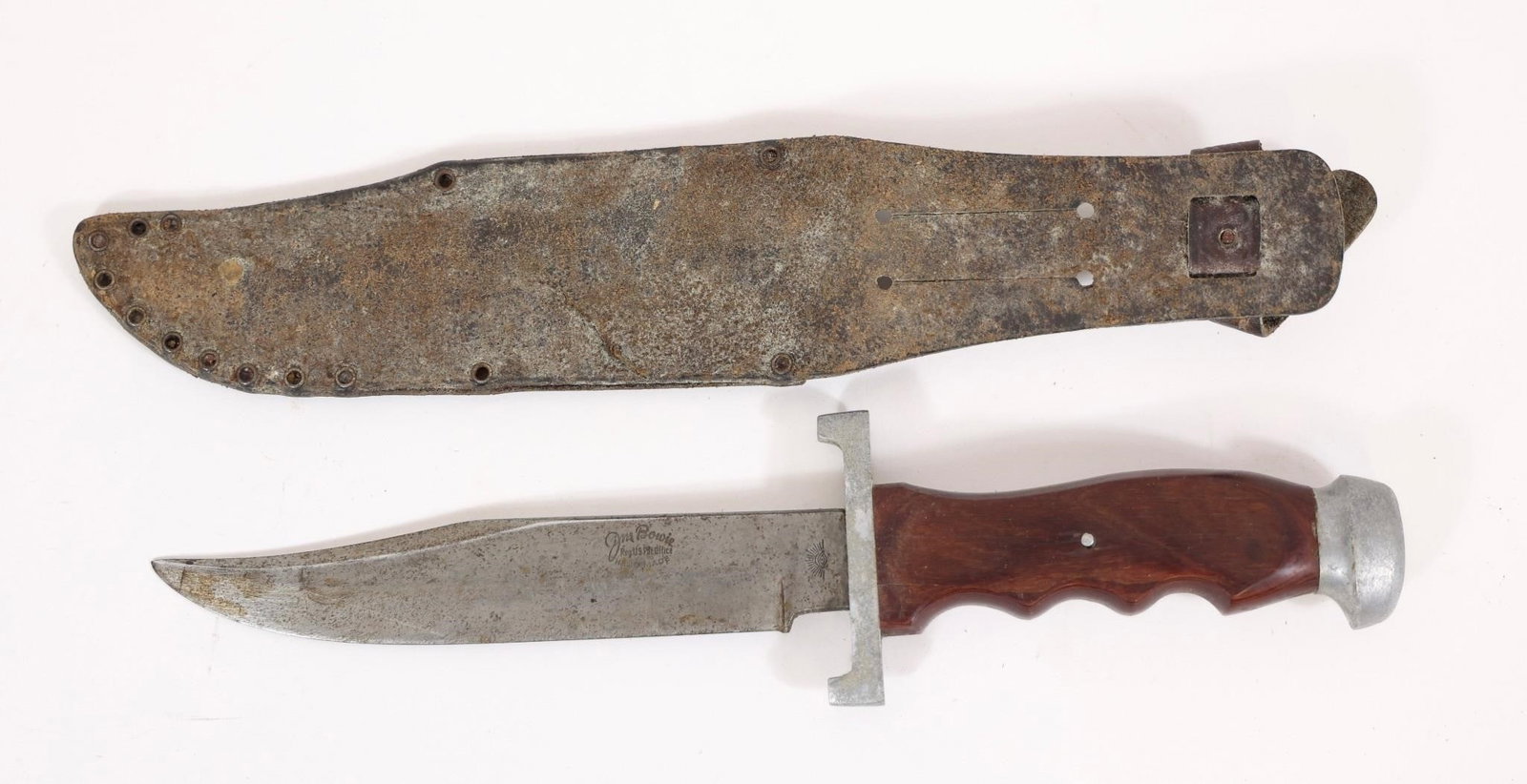 Jim Bowie Knife: Wood handle, aluminum pommel, 10 3/4". Fixed blade knife featuring a shaped wooden grip with finger grooves, metal guard, and marked SOLINGEN blade. Includes original metal sheath showing heavy wear,
