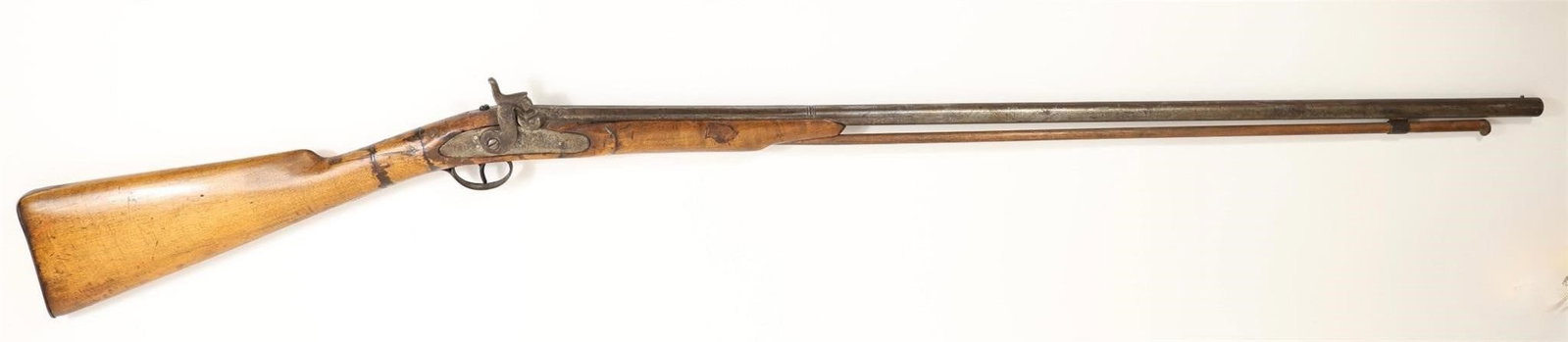 Pre 98 Percussion Musket: 46" OAL, Pre 98, steel butt plate. Antique-style long gun featuring a wood stock with visible grain, dual barrel configuration, and metal fittings. Stock shows marks, wear, and aging consistent with