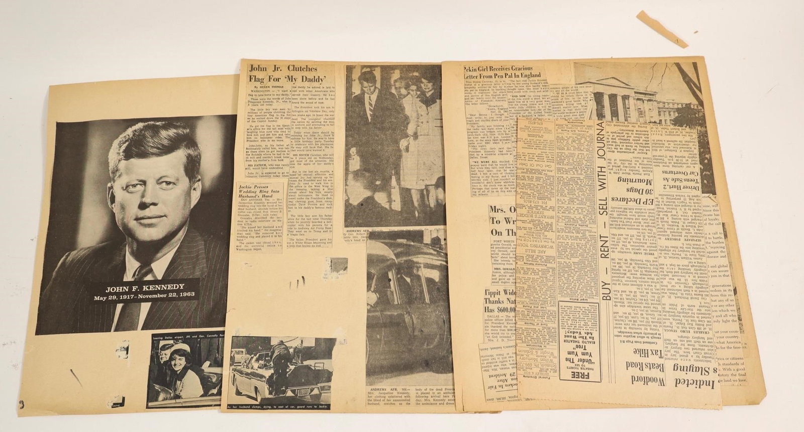 JFK Memorial & Assassination Clippings: Collection of vintage newspaper clippings and magazine pages related to President John F. Kennedy, including coverage of his assassination in 1963 and memorial tributes. The lot includes portraits of