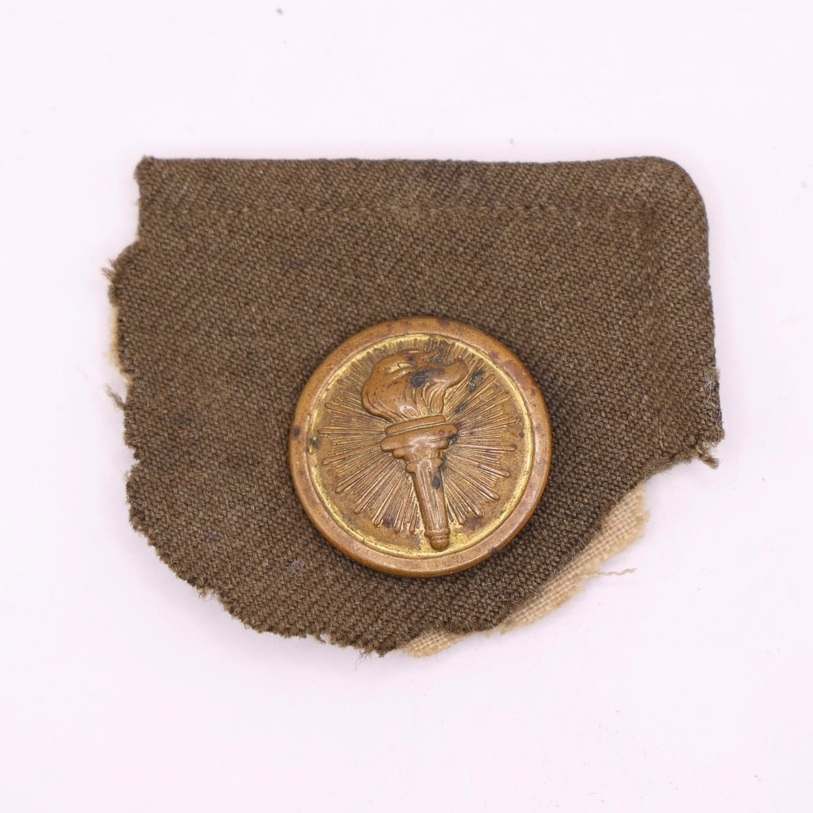 WWII Vintage US Army ROTC Collar Pin: This is a vintage US Army Reserve Officer Training Corps (ROTC) enlisted man's branch of service collar badge or pin, featuring the "torch of knowledge" insignia. The insignia depicts a flaming torch,