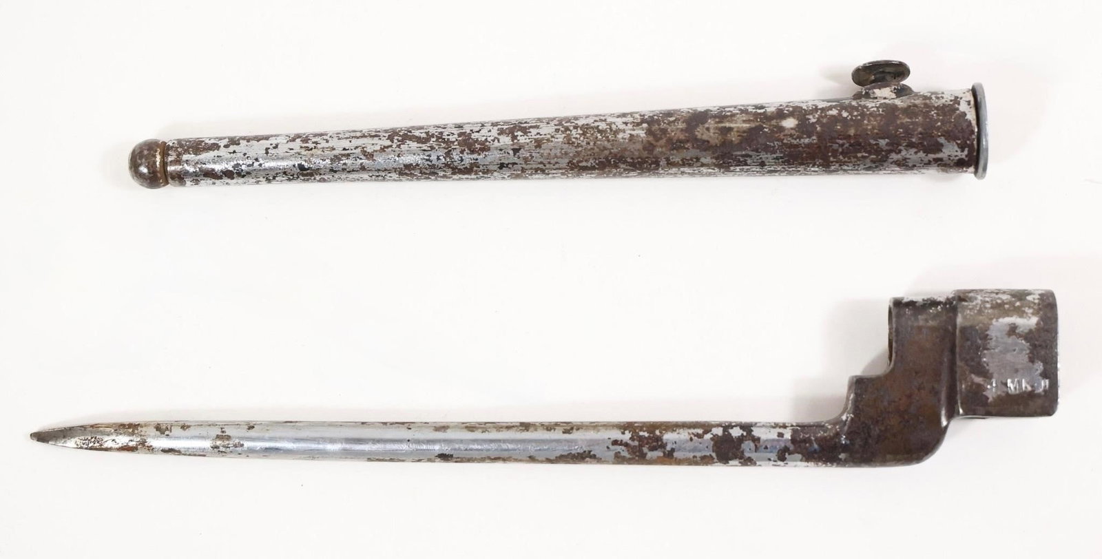 British No. 4 Mk. II spike Bayonet and Scabbard: British No. 4 Mk. II Spike Bayonet w/ ScabbardThis is a British No. 4 Mk. II spike bayonet and scabbard, which was the standard design for the British military during World War II. The bayonet was