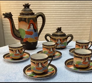 Japanese Dragonware (14-Piece) Hand Painted Satsuma Moriage Tea Set - Vtg 1930s