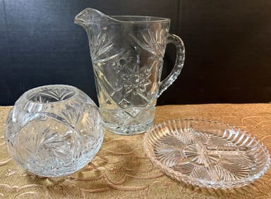 Vintage (ca. 1960s) 3-Piece Pitcher/Vase Bowl/Relish Dish - Indiana Glass, Anchor Hocking
