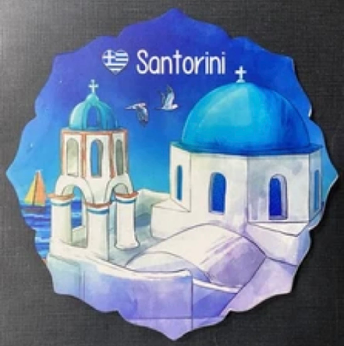Matching Set of Greek Hand-Painted Hot Plate & Cutting Board: This lot features a matching set of Santorini Island (Greece) Souvenir “hot plate” & "cutting board". These are souvenir collectibles handmade in Greece depicting the beautiful Volcanic island