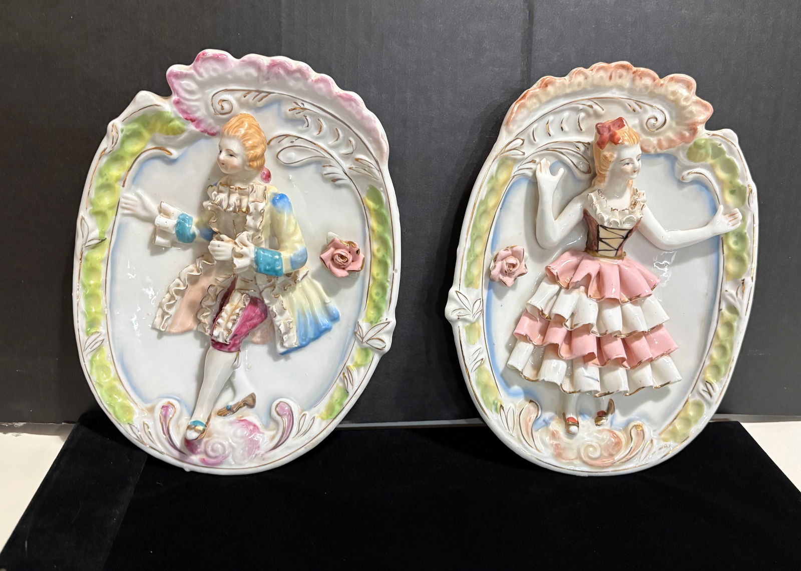 Vintage (ca. 1950s) Pair of bone China Dimensional Victorian Couple Wall Plaques (1 of 7)