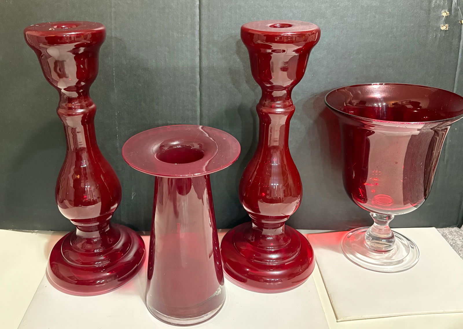Vintage (ca. 1980s) 4-Piece Set of Hand-Blown Ruby Red Glass Candle Holders & Vases (1 of 6)