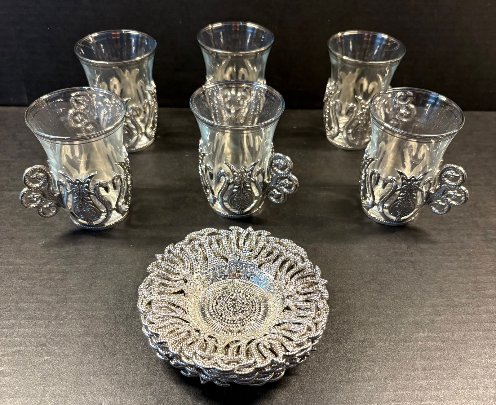 Acar Handmade (Set of 6) Turkish Tea Set - of Ottoman Empire Aesthetics: This lot features an Acar Handmade Turkish Tea Set; a traditional six-piece serving set inspired by Ottoman-era aesthetics. Handmade in Turkey and often used for serving tea, water, or Zamzam water du