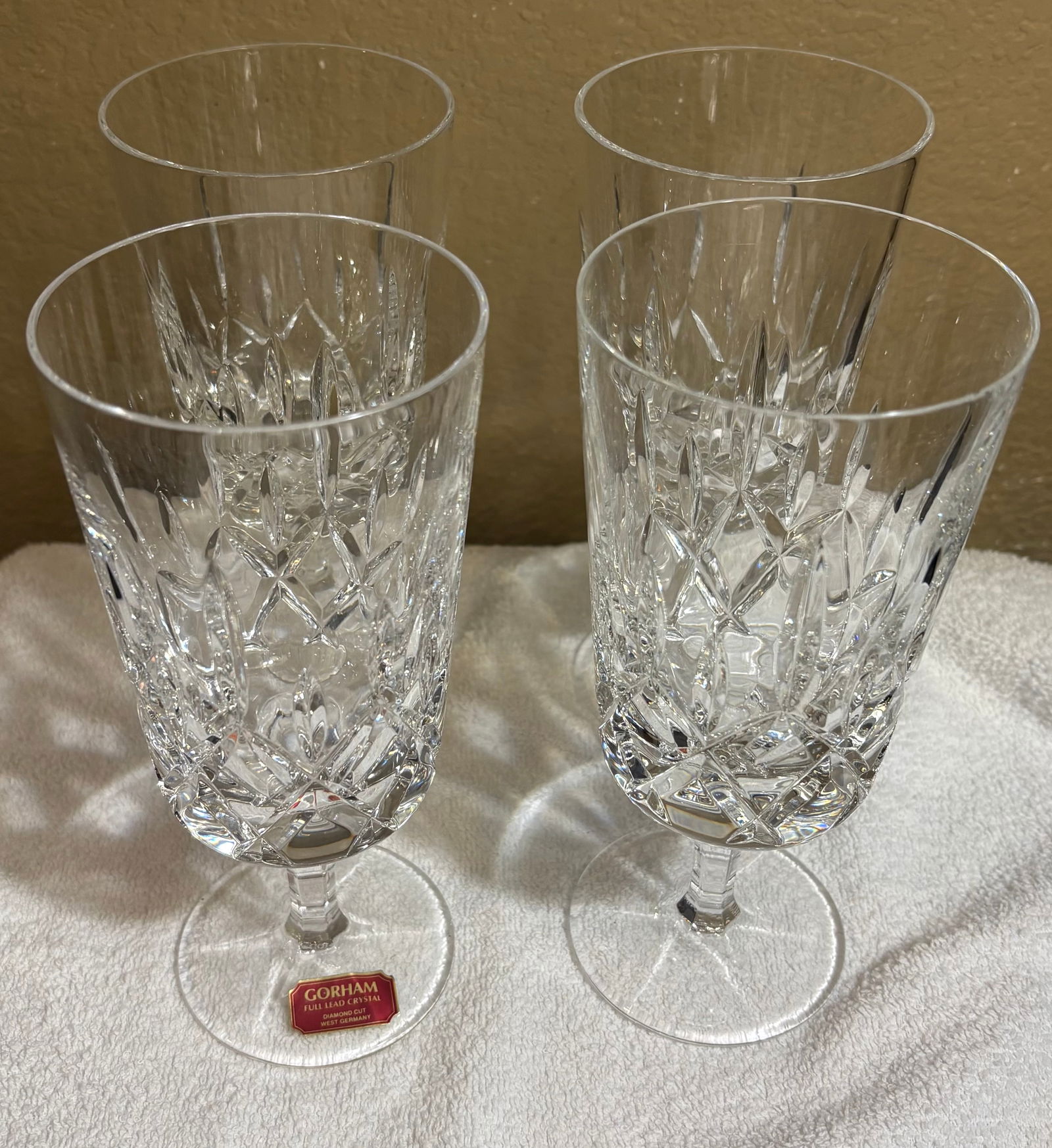 Vintage 4-Piece Set of Gorham Full Lead Crystal, Diamond Cut Glass Goblets - Made in West Germany: This lot features a 4-piece lot of Gorham Full Lead Crystal, Diamond Cut Goblet Glasses. A very elegant vintage set of Gorham goblets (King Edward pattern). They have vertical and criss-cross cuts wit