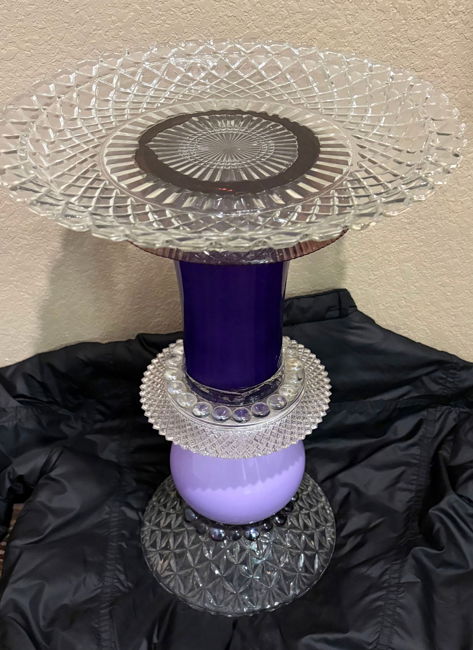 Home/Handmade "ONE-OF-A-KIND" Birdbath (or Garden Decor) w/upcycled Vintage Glassware: This lot features a home/handmade birdbath (or decorative garden piece) created by upcycling various pieces of vintage glassware. Such pieces are typically assembled by stacking and adhering different