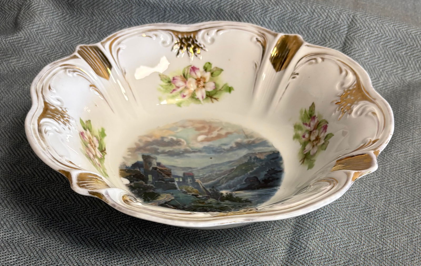 Vintage German Porcelain Bowl w/Transfer-Printed Castle Landscape (1 of 5)