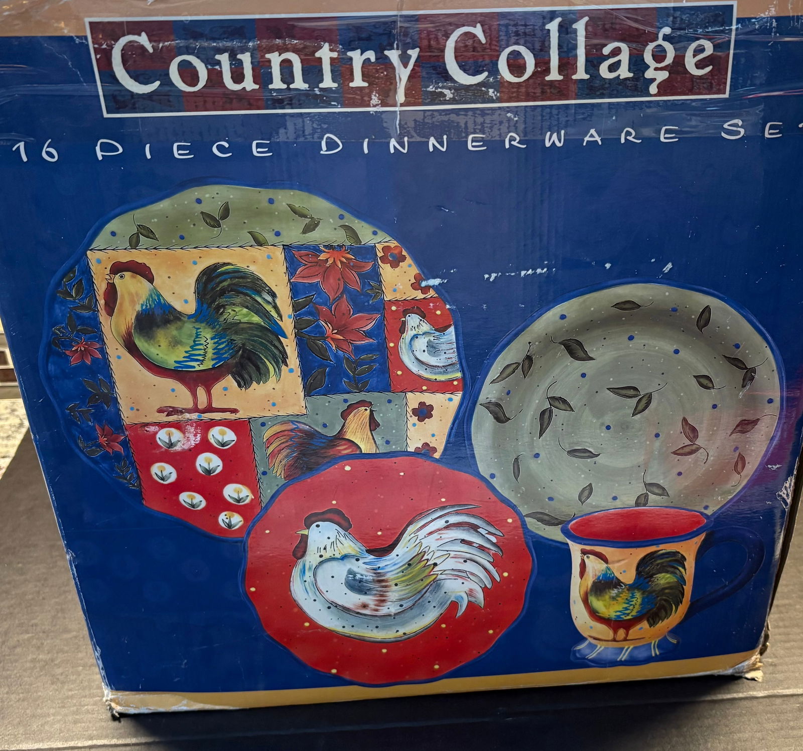 Vintage (ca.1990s) 16-Piece (4-Place Setting) Country Collage Dinnerware Set: This lot features a 16-Piece (4-Place Setting) Country Collage earthenware dinnerware set. This particular pattern has been discontinued but was produced by Certified International while the design is