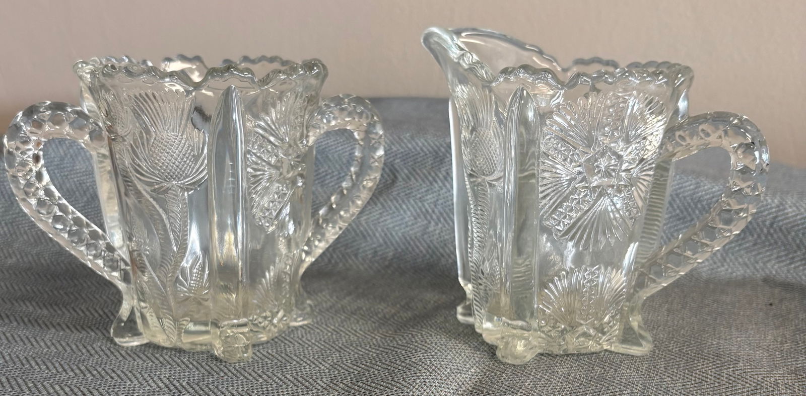 EAPG Early 20th Century Higbee Sugar Bowl & Creamer Set - Pattern Paneled Thistle (1 of 4)
