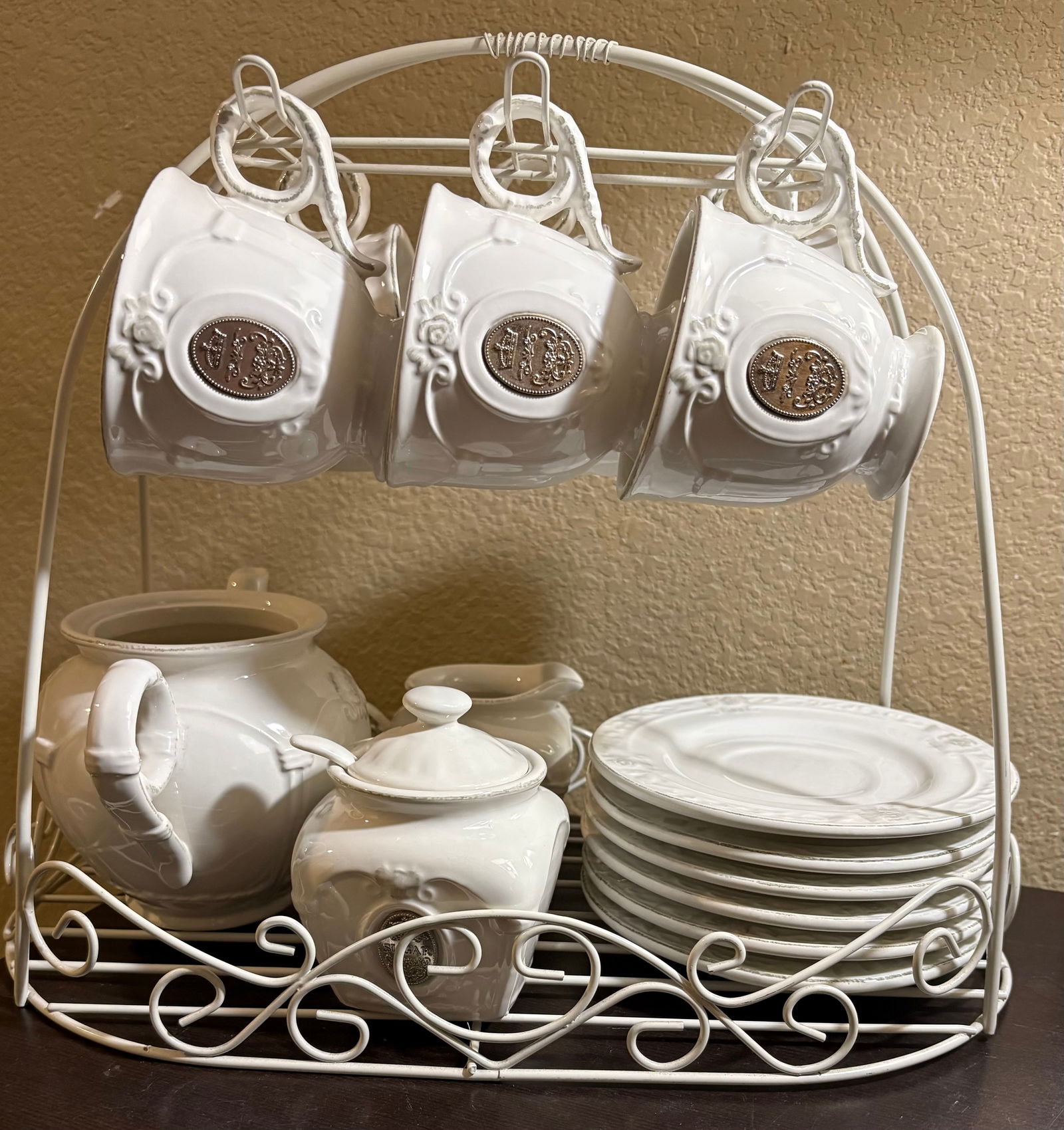 Vintage 17-Piece Bombay Company Ceramic White Embossed Floral Designed Tea Set (1 of 12)