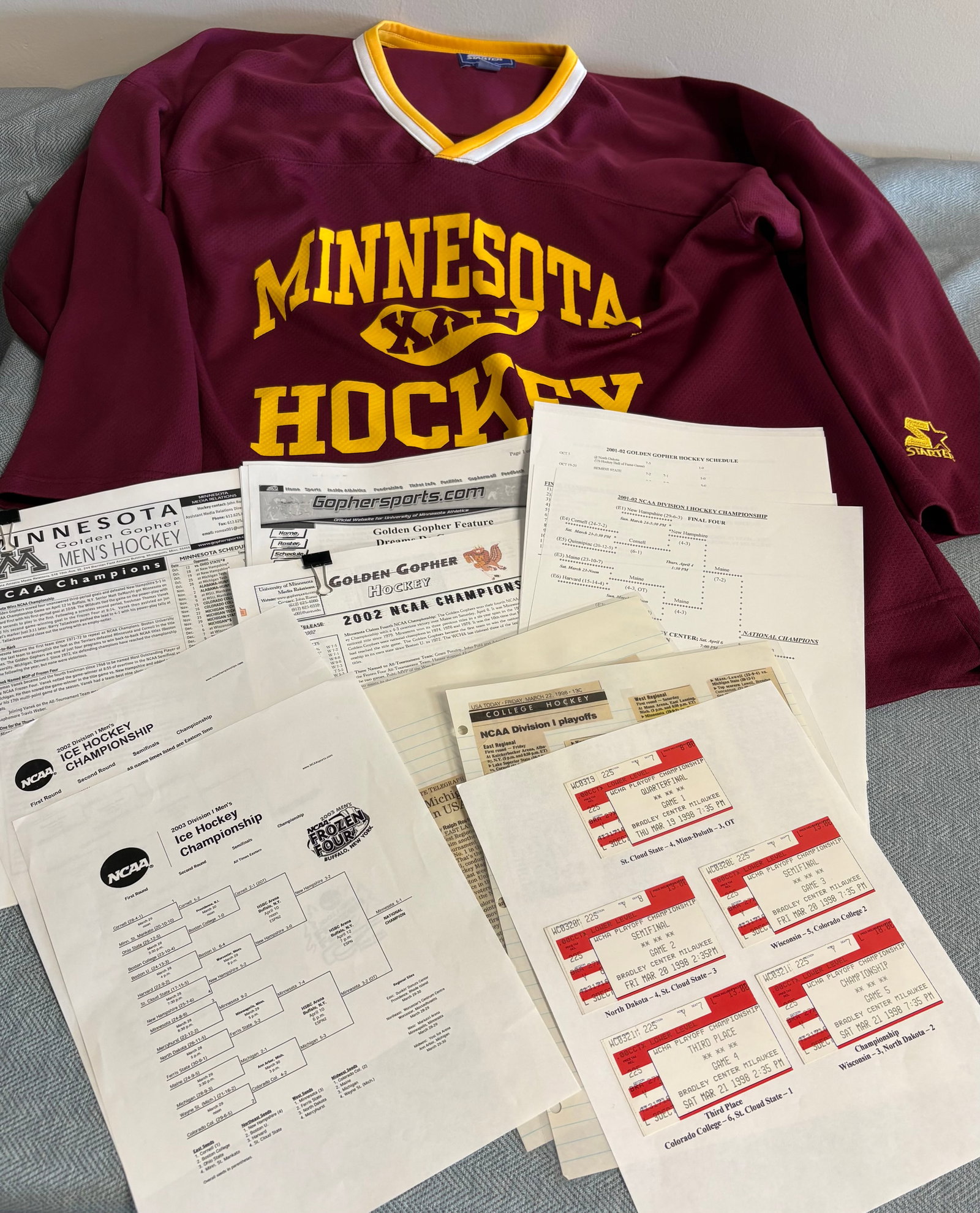 Vintage (1990s) Minnesota Golden Gopher Ice Hockey Jersey - Authentic Starter Apparrel: Minnesota Golden Gophers hockey jersey. Authentic Starter apparel piece indicative of the yellow and gold star logo on the left sleeve and the tag inside the collar. This particular design with the V-