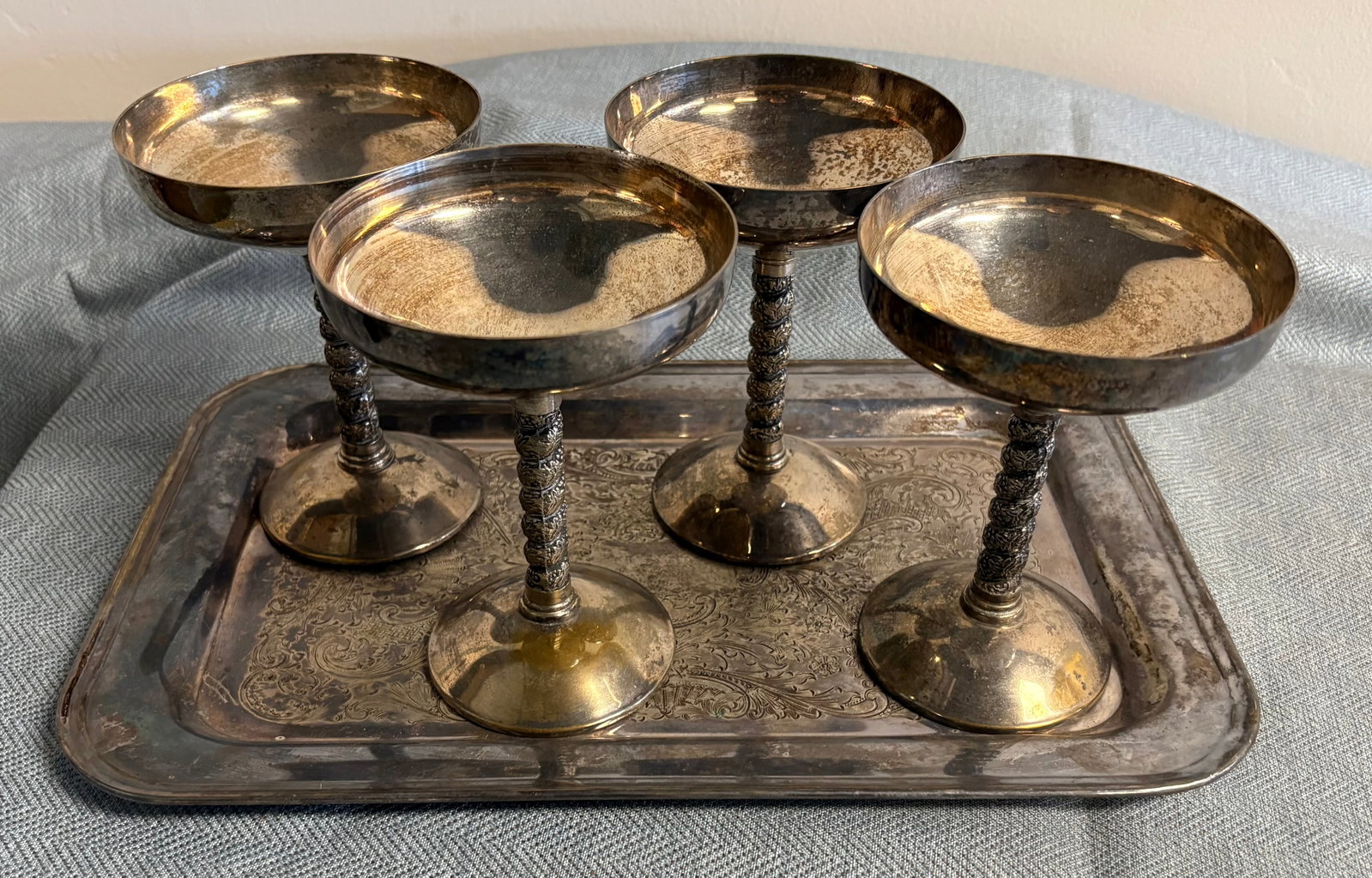 Vintage (mid-20th century) Set of 4 Silver-Plated Champagne Coupes w/Matching Serving Tray (1 of 4)