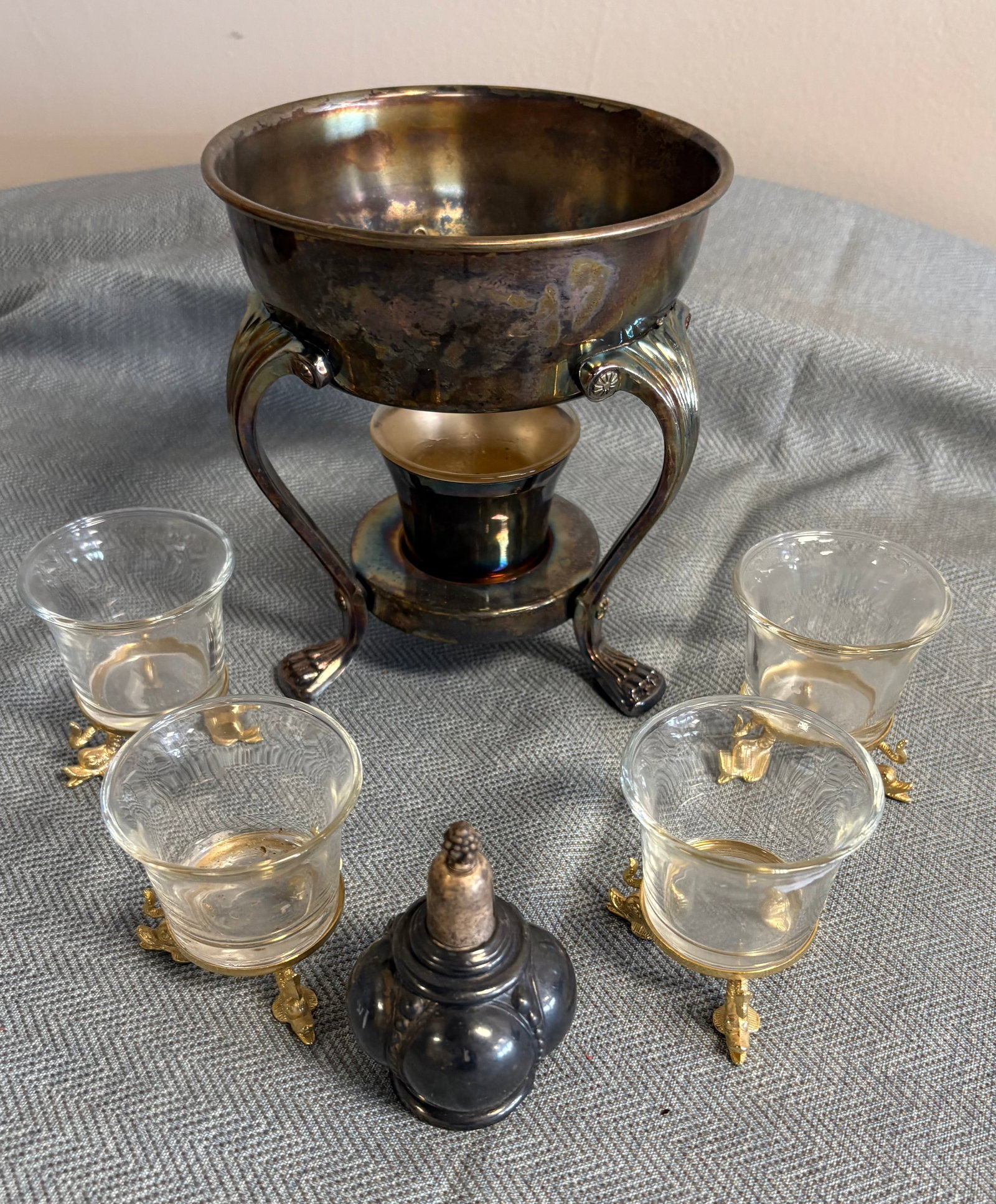 Vintage 10-Piece Silver-Plated Candle & Lighting Ensemble: This is a vintage silver-plated multi-piece lighting & decorative ensemble. Included in this lot...1). Coffee/Tea Carafe Warming Stand - Produced by F.B. Rogers Silver Company, this warming stand is d