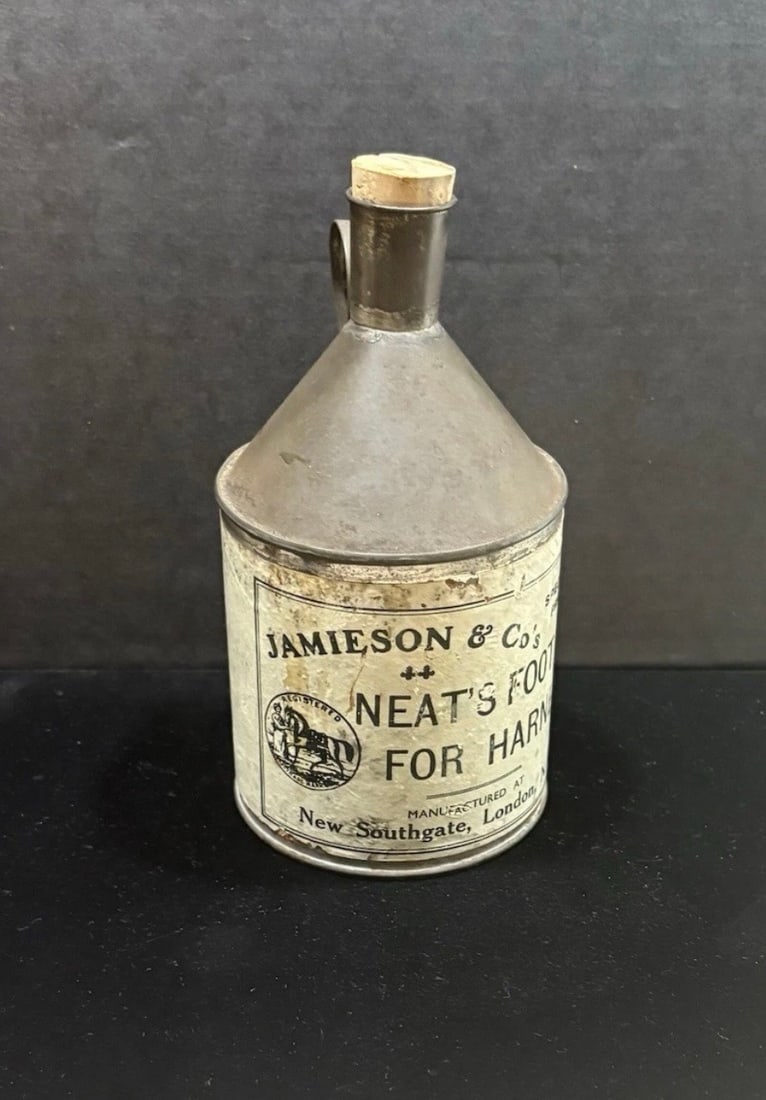 Antique (l1800S-e1900S) British Jamieson & Co. Neat's Foot Oil Metal Can: This is an authentic antique British Jamieson & Co. Neat's Foot Oil metal can w/paper label and cork stopper. Manufactured at New Southgate, London, it was a "Specially Prepared" oil for horse harness