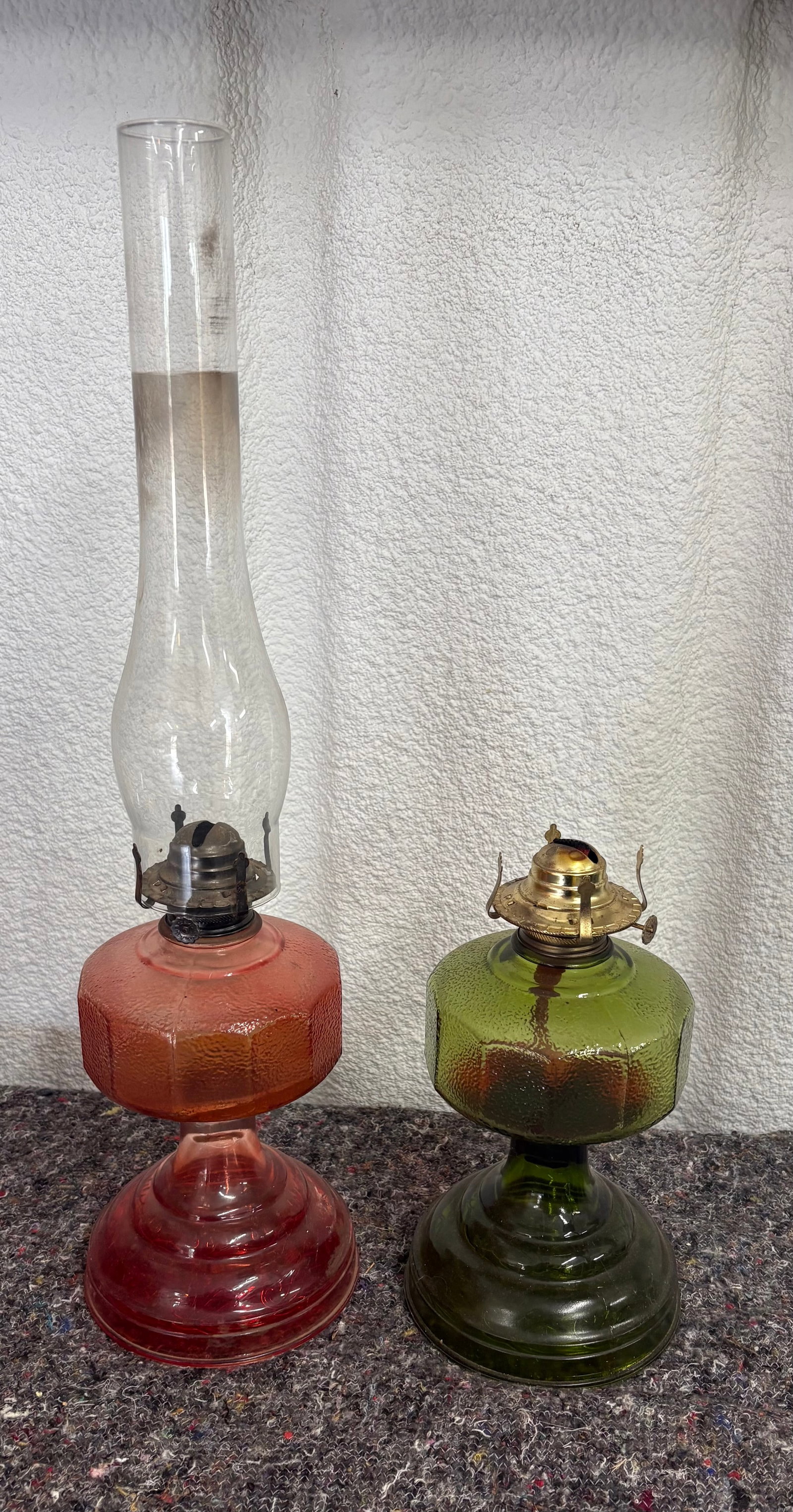 Vintage Pair of Pedestal Oil Lamps: Vintage pedestal oil lamps with a distinctive textured or "hobnail" glass design. They are approximately 18" tall & feature a round, textured "font" (the part that holds the fuel) and a matching pedes