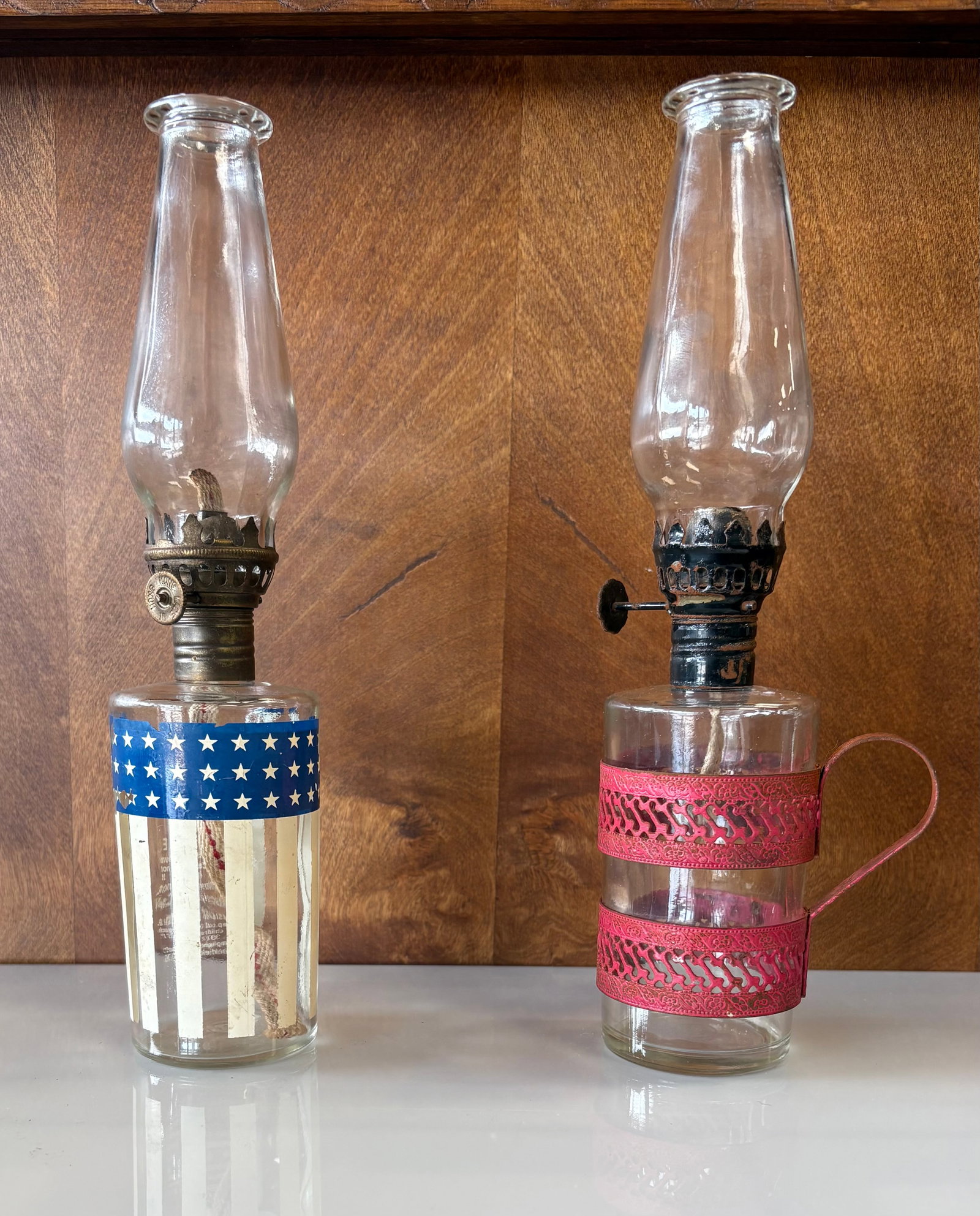 Vintage Pair of Miniature Oil Lamps - Patriotic "Old Glory" and Clear Class w/Metal Band (1 of 5)